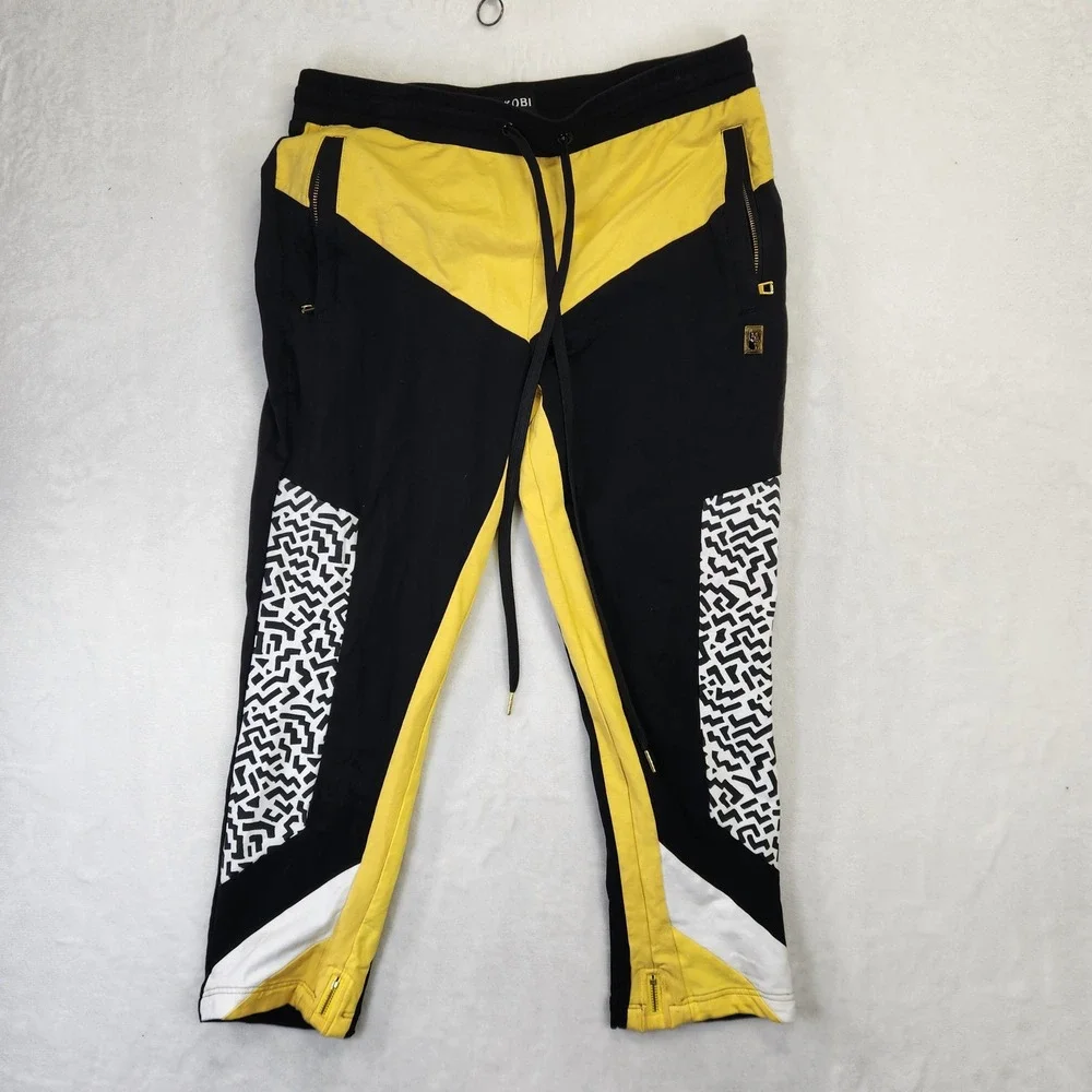 Makobi Mens Colorblock Jogger Pants Black Yellow Geometric M555 XL